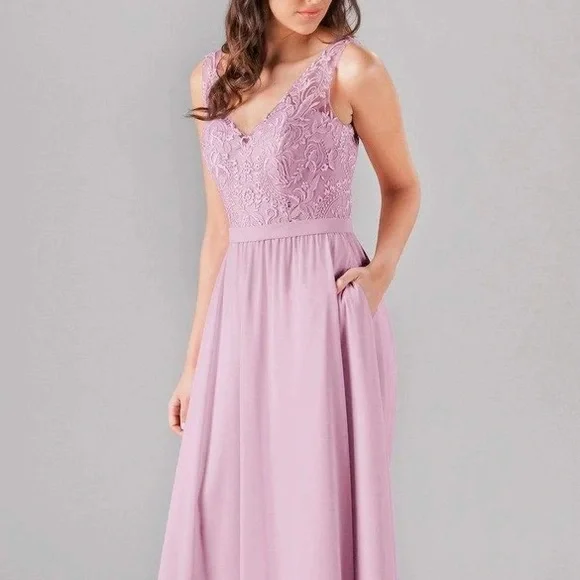 blossom bridesmaid dresses Isabeau Trendy A-Line Ruched Slit Floral Lace Bridesmaid Dresses, Blushing Pink